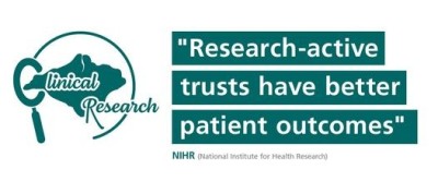 Clinical research logo in white text on a green background with writing on that says: Research-active trusts have better patient outcomes